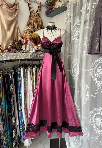 Pink Vintage A Line Straps Black Lace Satin Graduation Prom Dress SH5375