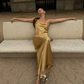 Simple Pecan Bronze A Line Spaghetti Strap Satin Open Back Prom Dress Wedding Guest Dress SH4450