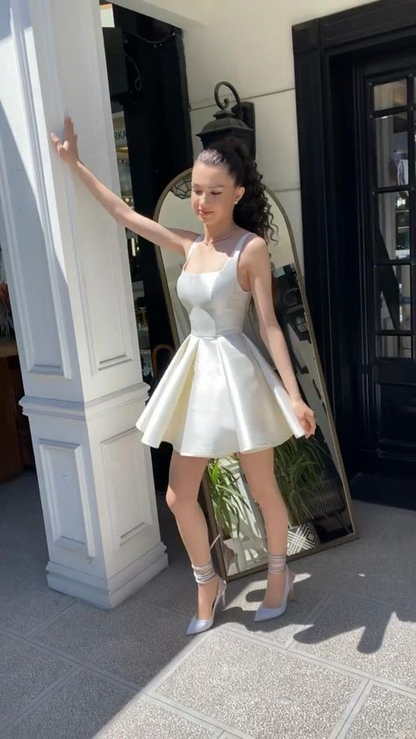 Simple Sequare Neck White Short Prom Dress,Elegant Homecoming Dress SH724