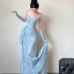 Blue Mermaid Strapless Pleated Blue Lace Long Party Dress Evening Dress SH3380