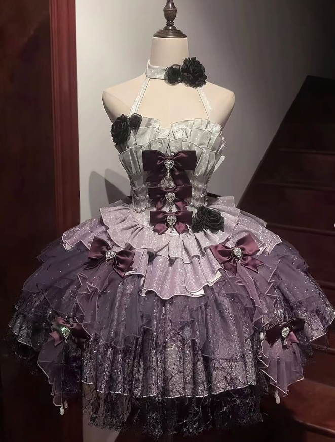 Purple Cute Ball Gown Halter Bow Layered Sequin Tulle Short Prom Dress Homecoming Dress SH6437