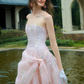 Pink Tulle Strapless Sleeveless High Waist Long A Line Prom Dress With Embroidery SH8543
