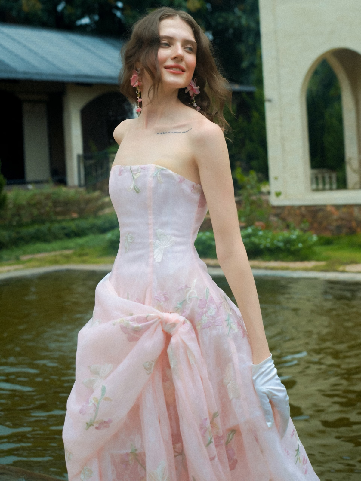 Pink Tulle Strapless Sleeveless High Waist Long A Line Prom Dress With Embroidery SH8543