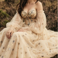Sweetheart Champagne Tulle Bubble Sleeves Long A Line Prom Dress Beaded Evening Dress KS7039