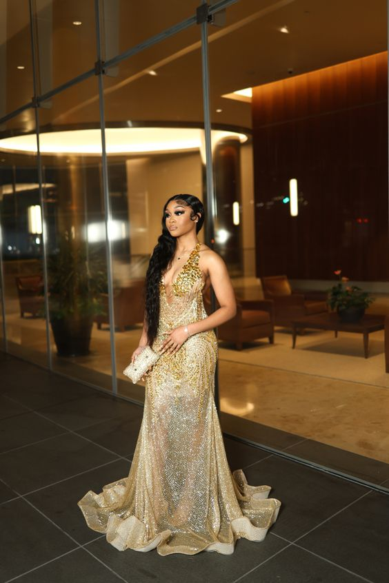 Gold Beaded Sequin Mermaid Prom Dress Evening Dress SH981