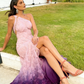 Elegant Mermaid One Shoulder Burgundy Lace Long Prom Dress with Slit SH431