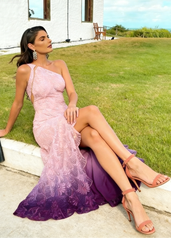Elegant Mermaid One Shoulder Burgundy Lace Long Prom Dress with Slit SH431