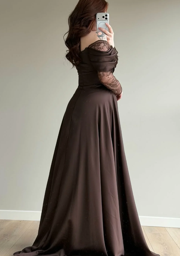 Elegant Brown A Line Long Sleeve Lace Satin Prom Dress Wedding Guest Dress SH5394