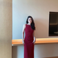 Burgundy Sheath Round Neck Satin Prom Dress Evening Dress Party Dress SH4218