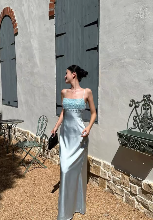 Elegant Baby Blue Sheath Spaghetti Strap Beaded Satin Prom Dress Evening Dress SH8780