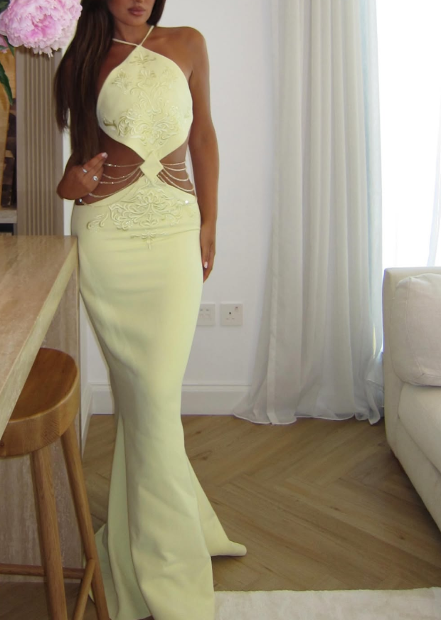 Yellow Embroidered Mermaid Halter Satin Prom Dress Evening Dress SH6272