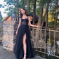 Elegant Black Sweatheart Neck Slit Long Prom Dress Lace Tulle Evening Dress SH615