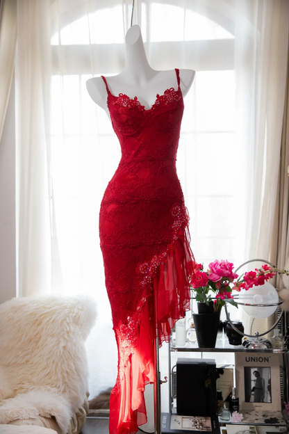 Sexy Sheath Spaghetti Strap Red Lace Chiffon Party Dress Evening Dress SH2956