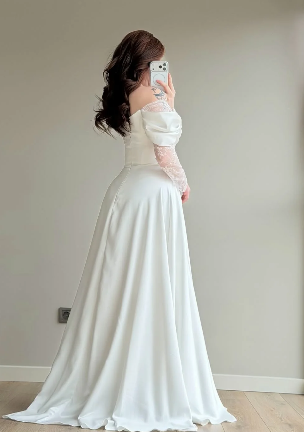 Elegant White A Line Long Sleeve Lace Satin Prom Dress Wedding Guest Dress SH5395
