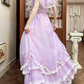 Vintage Lilac A Line Round Neck White Lace Chiffon Long Prom Dress Evening Dress SH5656