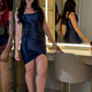 Navy Blue Sheath Strap Satin Short Homecoming Dress Evening Dress SH2118