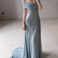 Unique Blue Mermaid Off the Shoulder Chiffon Satin Long Prom Dress Evening Dress SH7703