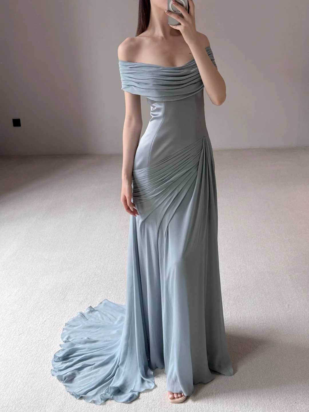 Unique Blue Mermaid Off the Shoulder Chiffon Satin Long Prom Dress Evening Dress SH7703