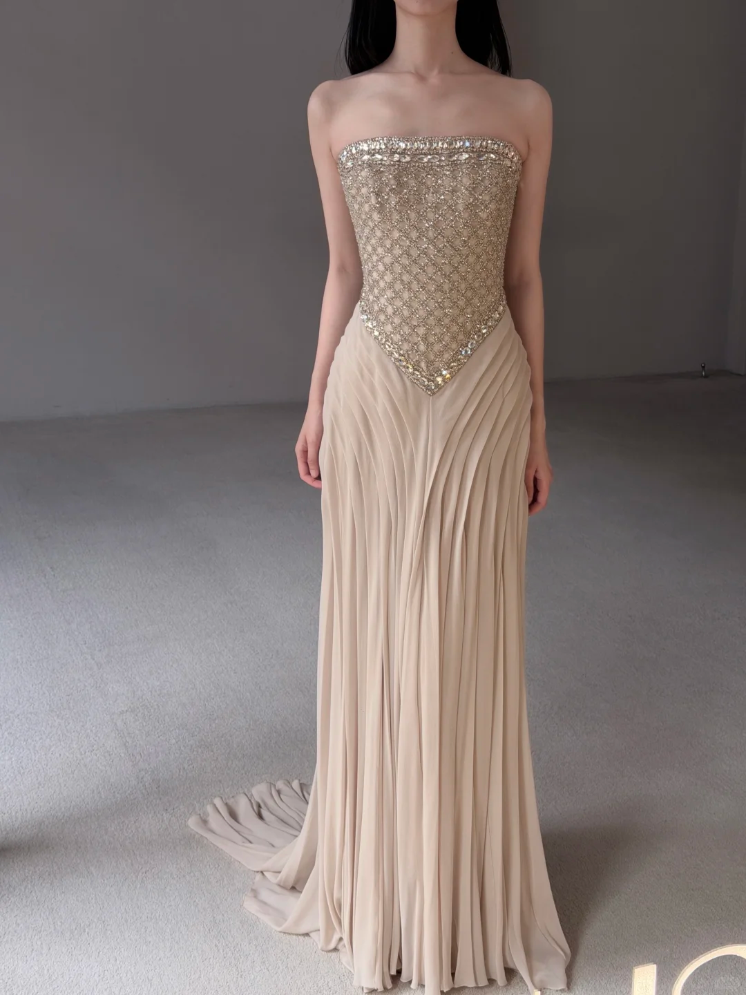 Gentle A Line Strapless Exquisite Beaded Nude Chiffon Prom Dress Evening Dress SH7717