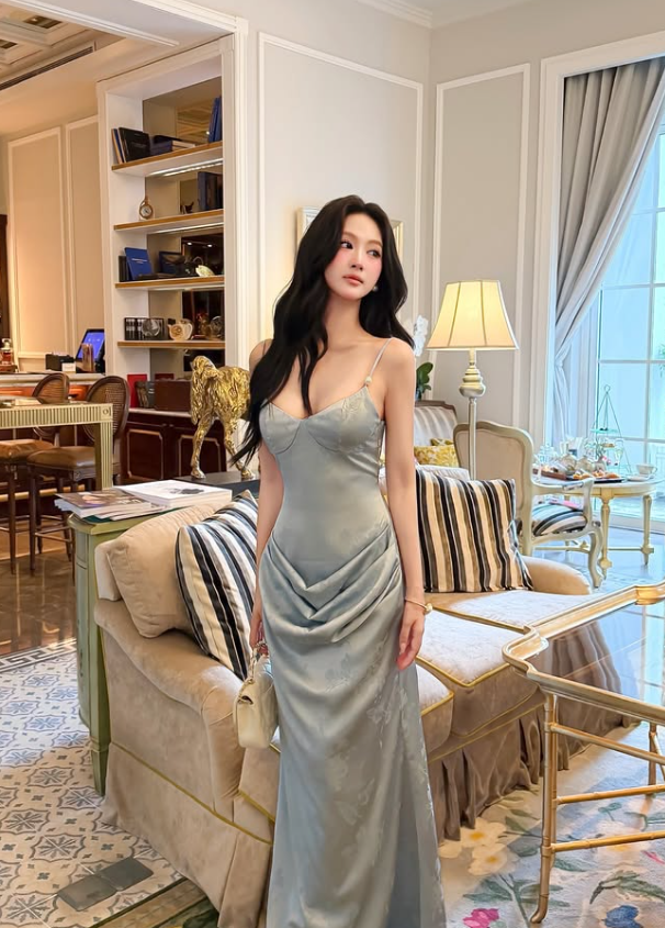 Blue Print Mermaid Spaghetti Straps Satin Long Prom Dress Evening Dress SH8801