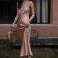 Romantic Light Pink Sheath Straps Satin Prom Dress Evening Dress Date Dress SH5649