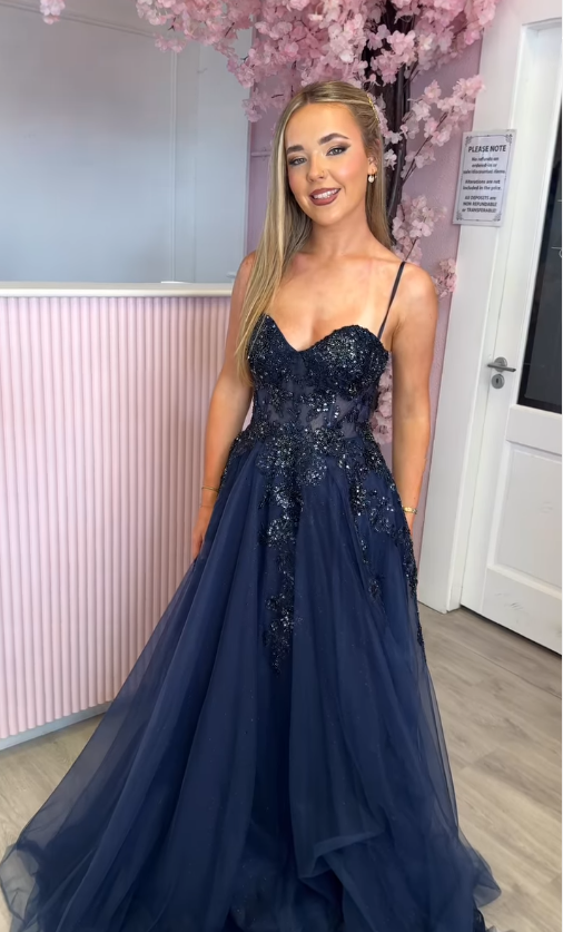Navy Blue A Line Spaghetti Straps Sequin Applique Tulle Prom Dress Evening Dress SH6656