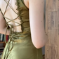 Vintage Charming Sheath V Neck Print Floral Olive Green Satin Prom Dress Outfits SH4865