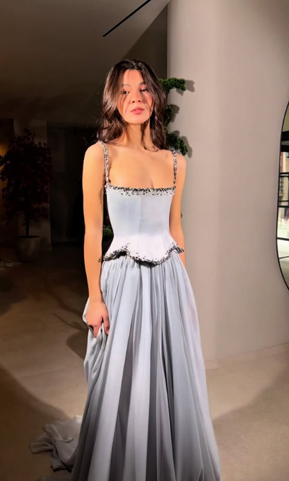 High-class Light Grey A Line Straps Beaded Satin Prom Dress Evening Dress SH6755