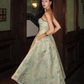 Vintage A Line Strapless Print Floral Green Satin Long Prom Dress Graduation Prom Dress SH5300