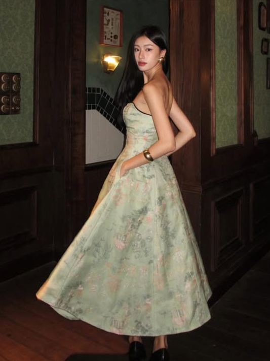 Vintage A Line Strapless Print Floral Green Satin Long Prom Dress Graduation Prom Dress SH5300