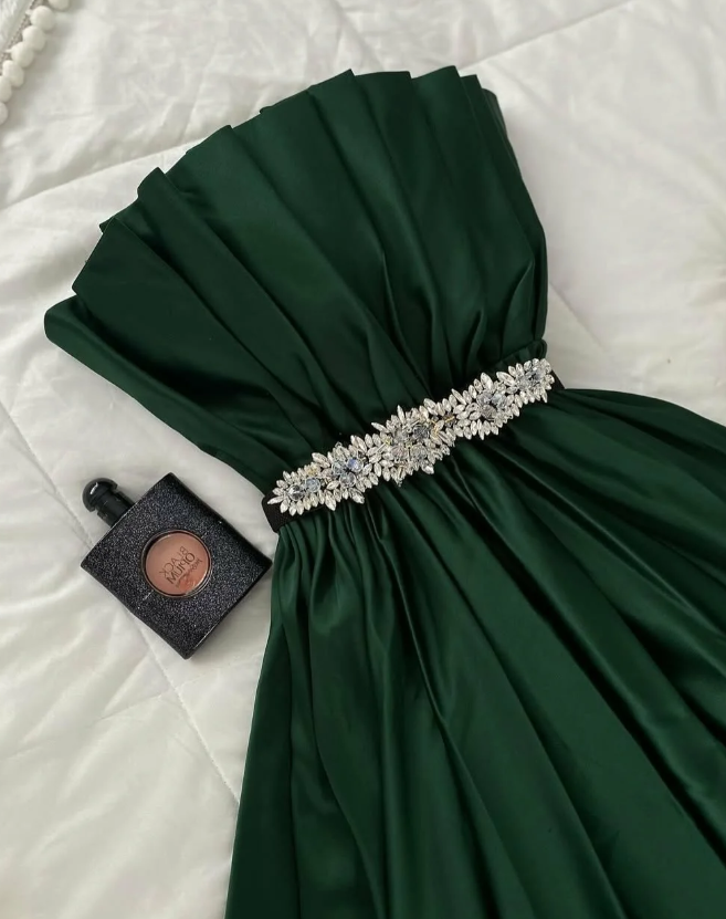 Emerald A Line Strapless Beaded Pleated Satin Long Prom Dress Evening Dress SH7309