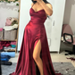 Simple Burgundy A Line Spaghetti Strap Satin Long Prom Dress Evening Dress with Slit SH7315