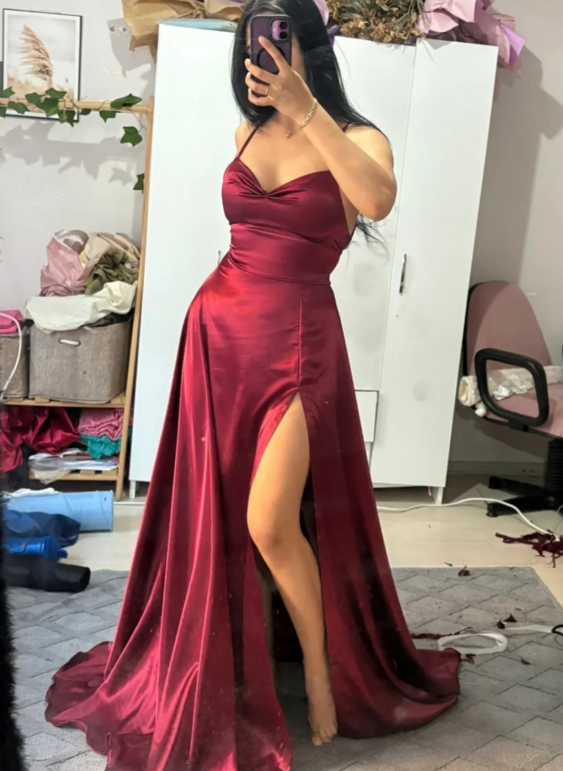 Simple Burgundy A Line Spaghetti Strap Satin Long Prom Dress Evening Dress with Slit SH7315