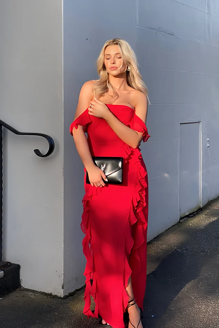 Red Chiffon Prom Dress Long Ruffle Party Dress Evening Dress SH895