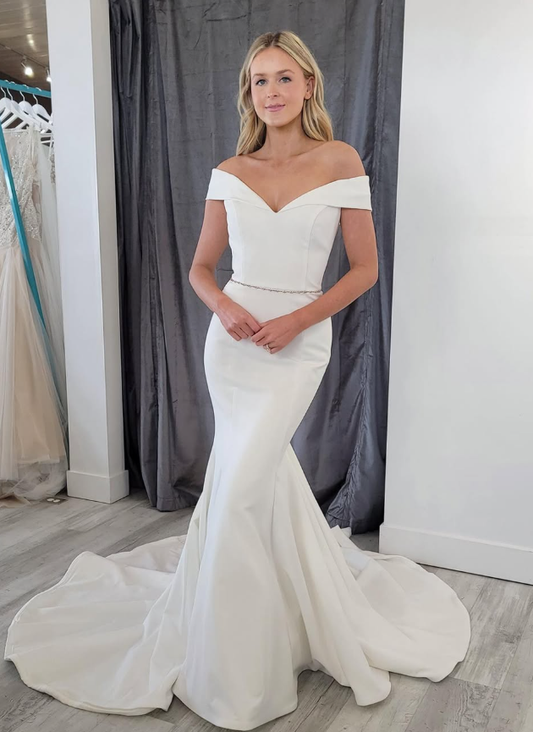 Princess Mermaid Off the Shoulder White Satin Long Train Wedding Dress SH7136