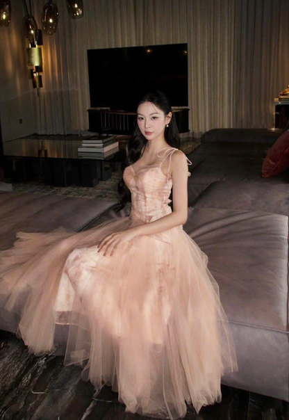 Pretty A Line Spaghetti Straps Floral Flowy Tulle Long Prom Dress Graduation Prom Dress SH5299