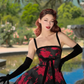 Vintage A Line Spaghetti Strap Red Appliques Black Satin Prom Dress Evening Dress SH4255