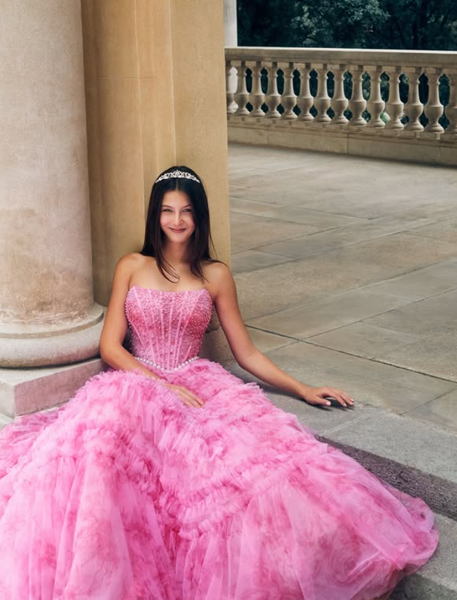 Princess Pink Ball Gown Strapless Beaded Corset Tulle Long Prom Dress Date Dress SH6510