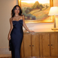 Navy Blue Sheath Spaghetti Strap Satin Long Prom Dress Evening Dress SH8967