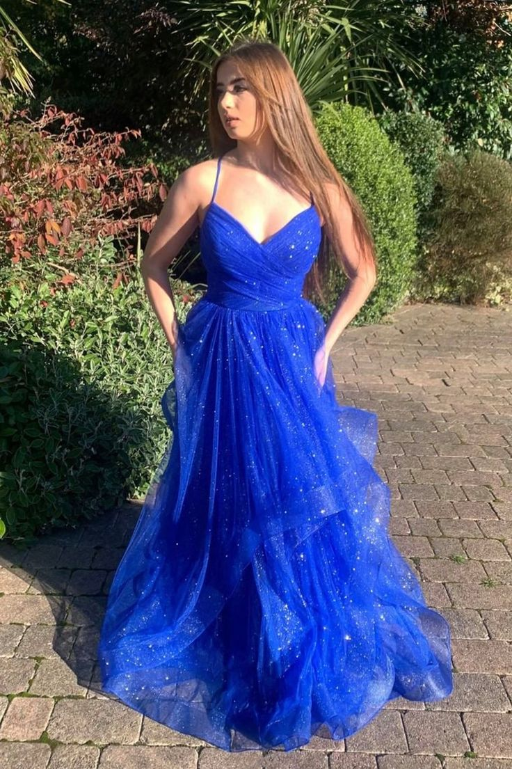 Royal Blue Tulle Long Prom Dress Spaghetti Straps Evening Dress SH947