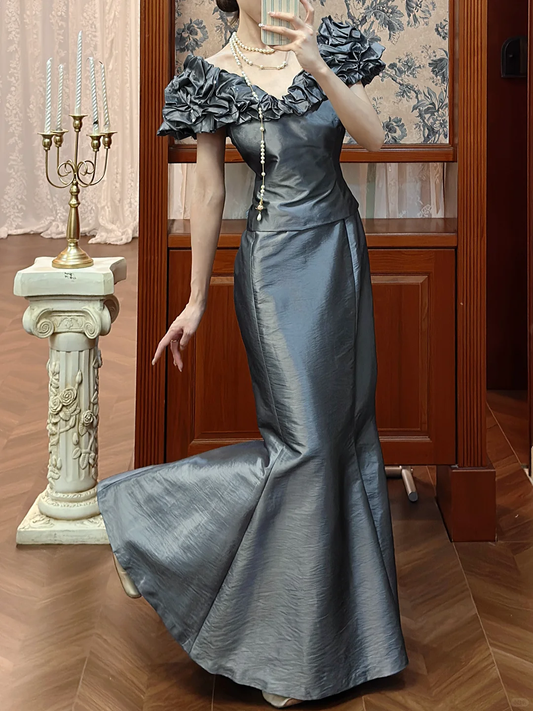 Vintage Unique Mermaid V Neck Grey Satin Long Prom Dress SH5172
