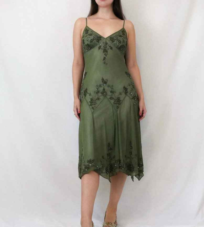 Vintage Green Spaghetti Straps Beaded Chiffon Tea Length Prom Dress SH shinydress Vintage Green Spaghetti Straps Beaded Chiffon Tea Length Prom Dress SH shinydress