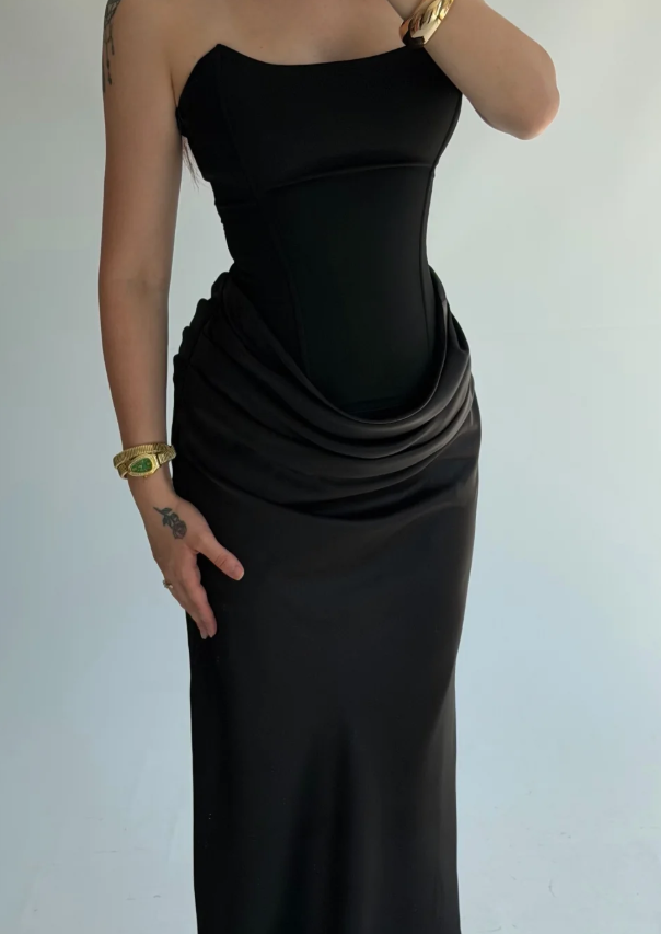Elegant Sheath Strapless Black Satin Long Prom Dress Evening Dress SH7295