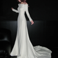 Elegant Mermaid Long Sleeve Floral White Satin Open Back Long Sweep Wedding Dress SH4931