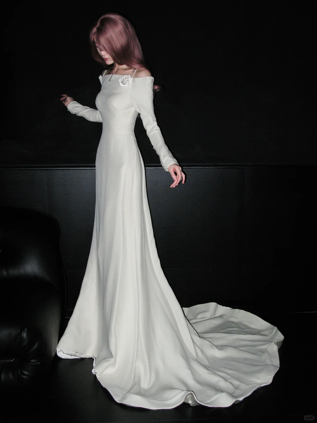 Elegant Mermaid Long Sleeve Floral White Satin Open Back Long Sweep Wedding Dress SH4931