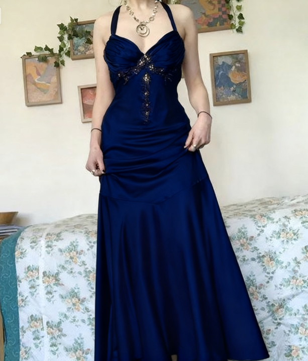 Vintage Halter V Neck  Beaded Appliques 90s Prom Dress Mermaid Evening Dress SH1132