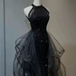 Shiny Halter Sequin Tulle Layered Long Prom Dress Black Evening Dress Wedding Dress SH1019