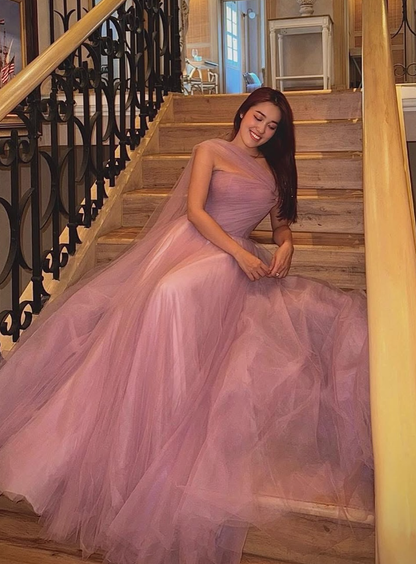 Purple A Line One Shoulder Flowy Tulle Long Prom Dress Graduation Prom Dress SH5298