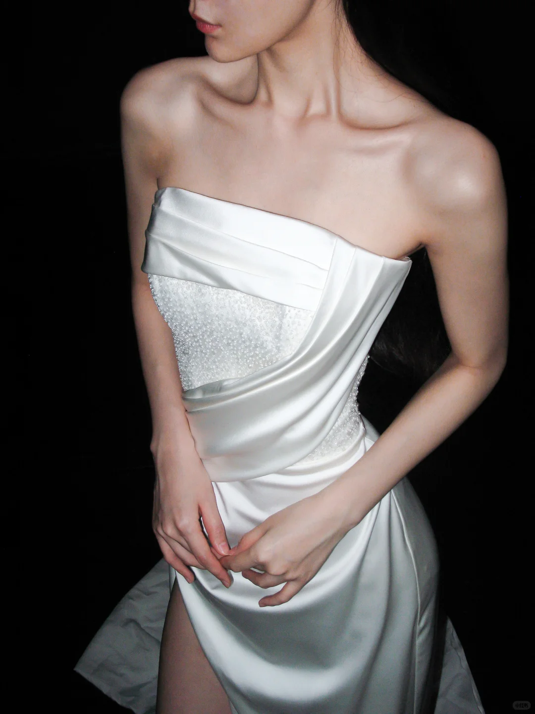 Pretty White Exquisite Beaded Sheath Strapless Satin Slit Long Wedding Dress SH6627