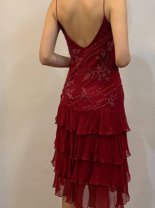 Burgundy Vintage A Line Spaghetti Strap Tiered Beaded Chiffon Evening Dress SH2082